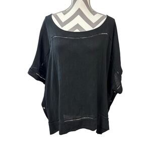 Tina Stephens Black Linen Cotton Poncho Top Italy Ladder Trim One Size OS